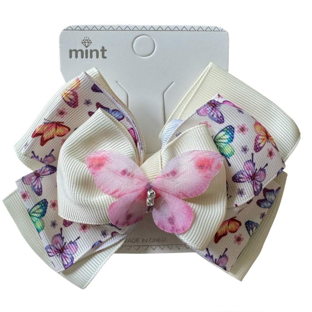 Mint Ivory and Pink Butterfly Large 4” Bow Hair Clip NWT 3/$15✨